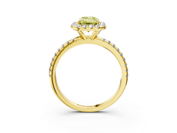 Yellow gold Fancy Yellow Emerald  Halo Round Diamond Pavé Band Four-Prong Ring