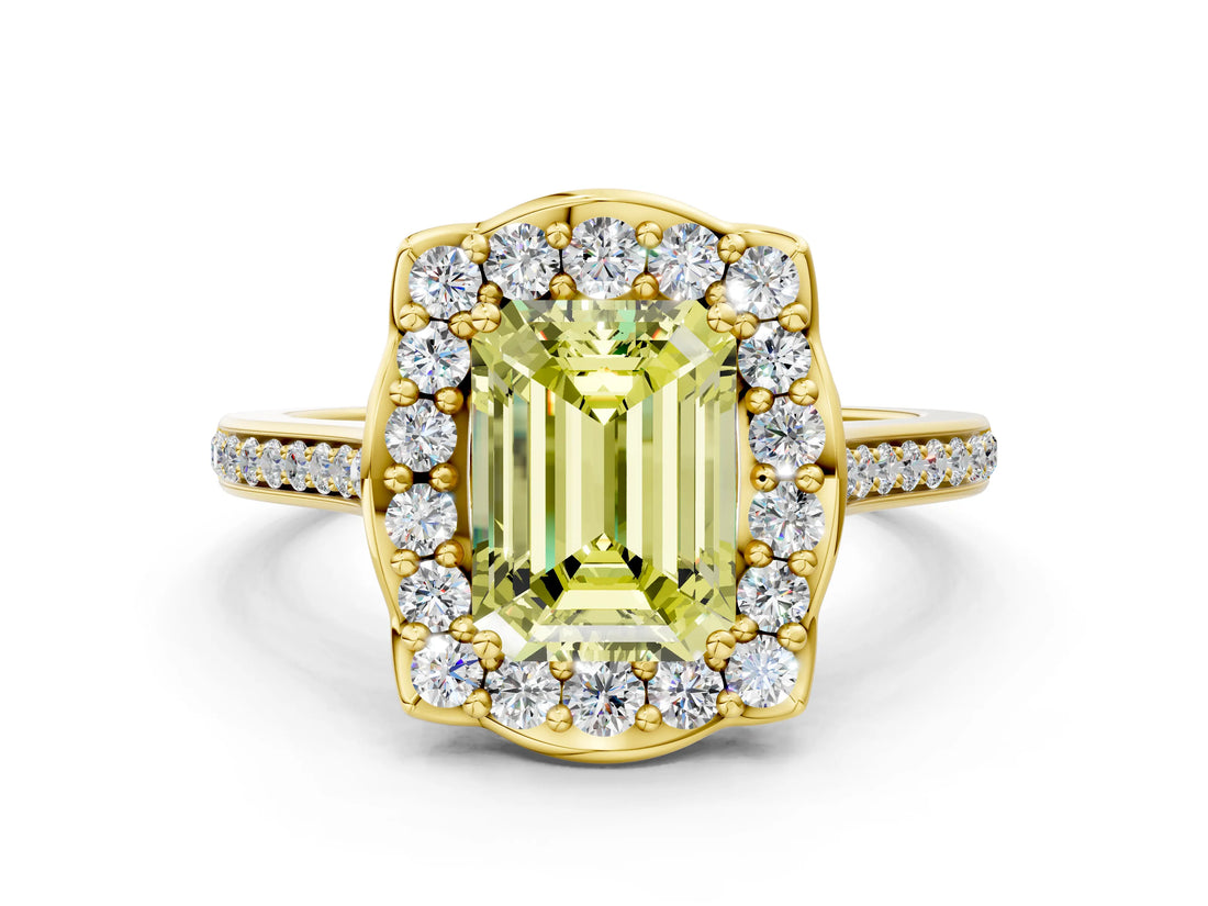 Yellow gold Fancy Yellow Emerald  Halo Round Diamond Pave Band with Four-Prong Setting_38