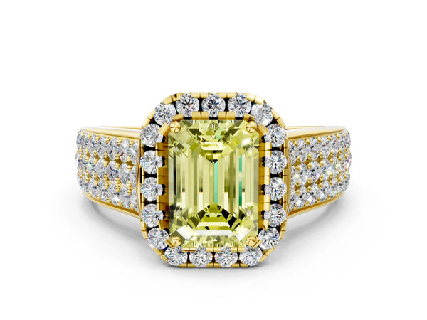 Yellow gold Fancy Yellow Emerald  Halo Round Diamond Pave Band with Prong Setting