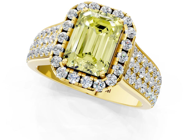 Yellow gold Fancy Yellow Emerald  Halo Round Diamond Pave Band with Prong Setting