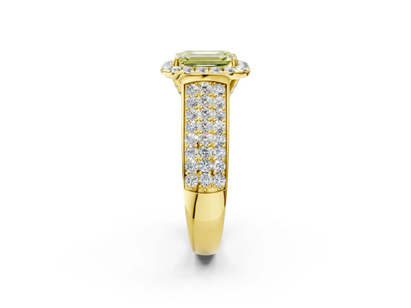 Yellow gold Fancy Yellow Emerald  Halo Round Diamond Pave Band with Prong Setting