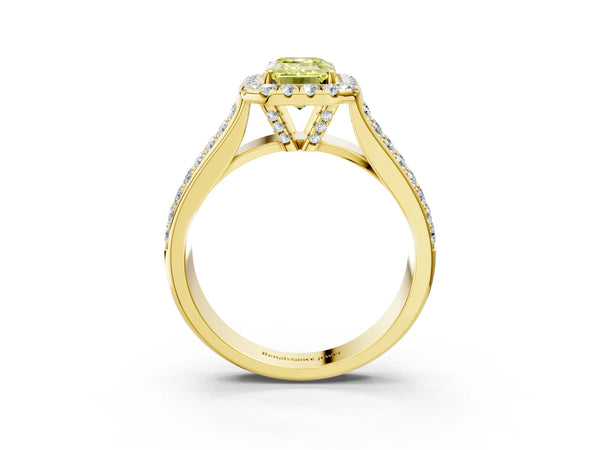 Yellow gold Fancy Yellow Emerald  Halo Round Diamond Pave Band with Prong Setting