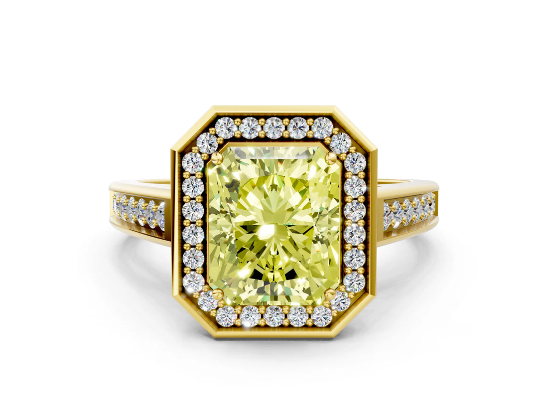 Yellow gold Fancy Yellow Emerald  Halo Solitaire Diamond Ring with Pave Band and Bezel Setting_49