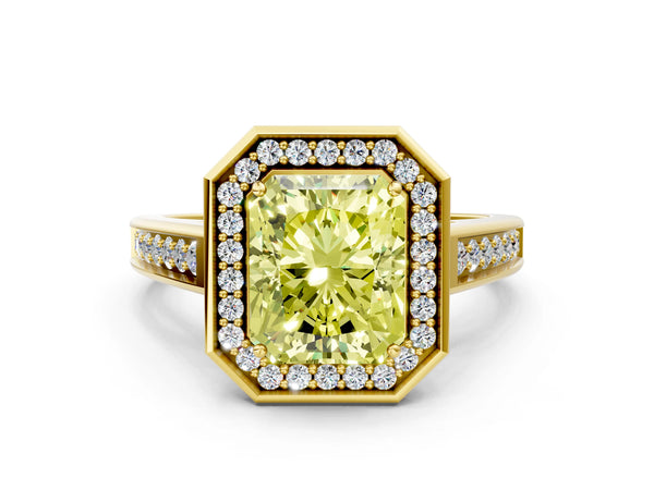 Yellow gold Fancy Yellow Emerald  Halo Solitaire Diamond Ring with Pave Band and Bezel Setting