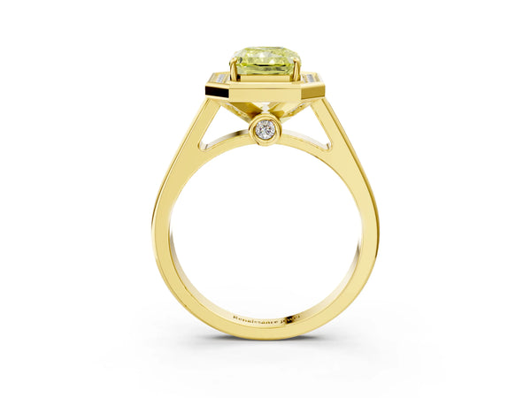 Yellow gold Fancy Yellow Emerald  Halo Solitaire Diamond Ring with Pave Band and Bezel Setting