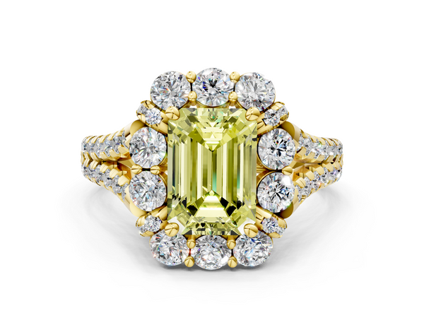 Yellow gold Fancy Yellow Emerald  Halo Split Shank Diamond Engagement Ring with Pave Band and Four-Prong Setting
