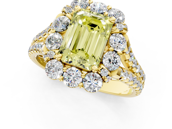 Yellow gold Fancy Yellow Emerald  Halo Split Shank Diamond Engagement Ring with Pave Band and Four-Prong Setting
