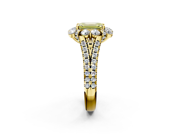 Yellow gold Fancy Yellow Emerald  Halo Split Shank Diamond Engagement Ring with Pave Band and Four-Prong Setting