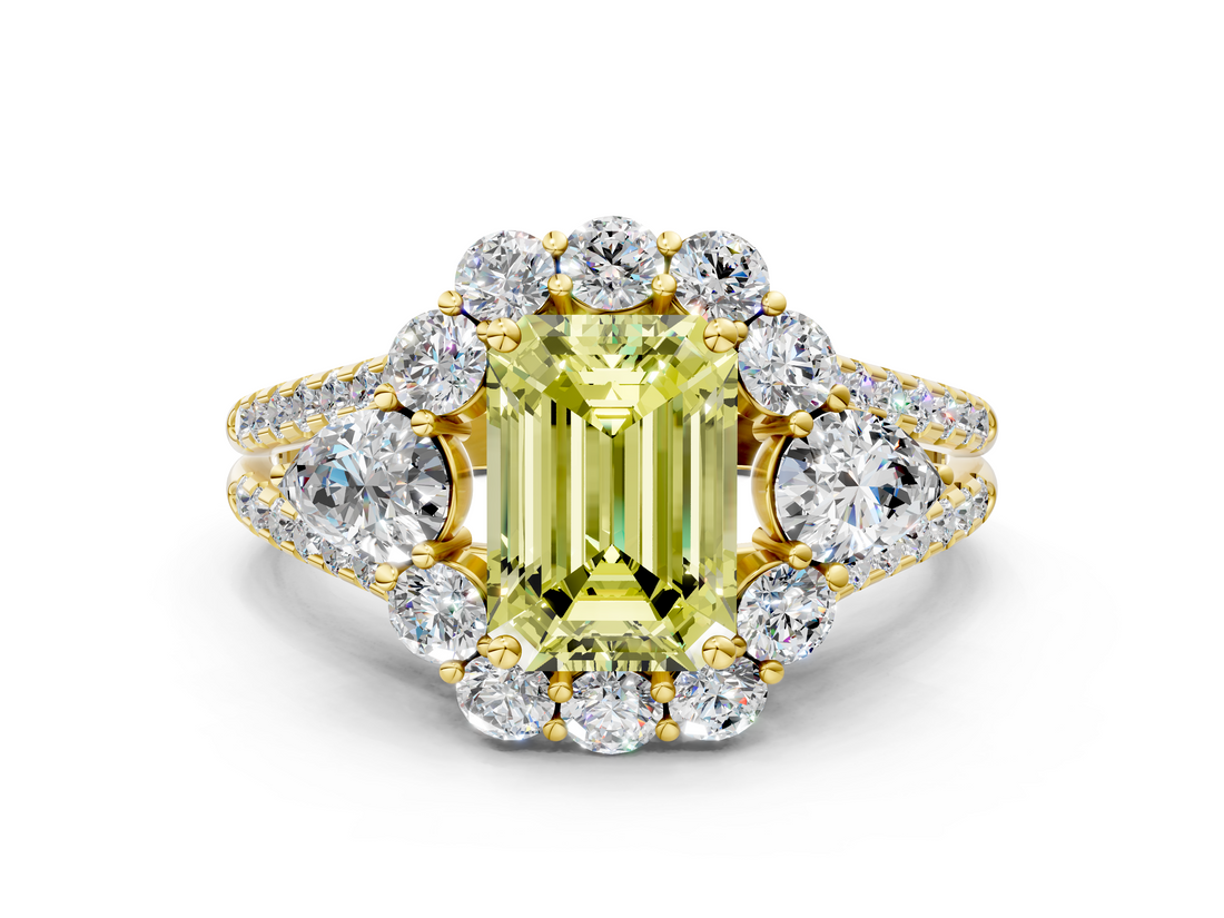 Yellow gold Fancy Yellow Emerald  Halo Split Shank Diamond Engagement Ring with Prong Setting_20