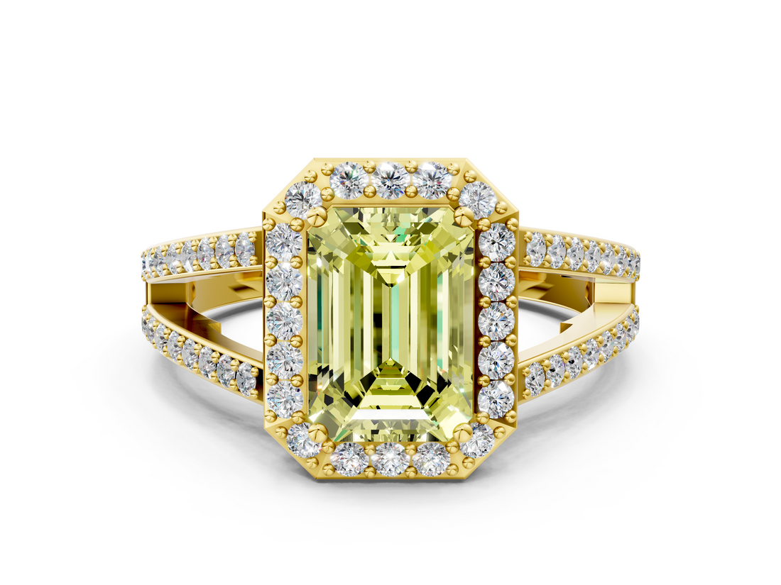 Yellow gold Fancy Yellow Emerald  Halo Split Shank Diamond Ring with Four-Prong Setting_32