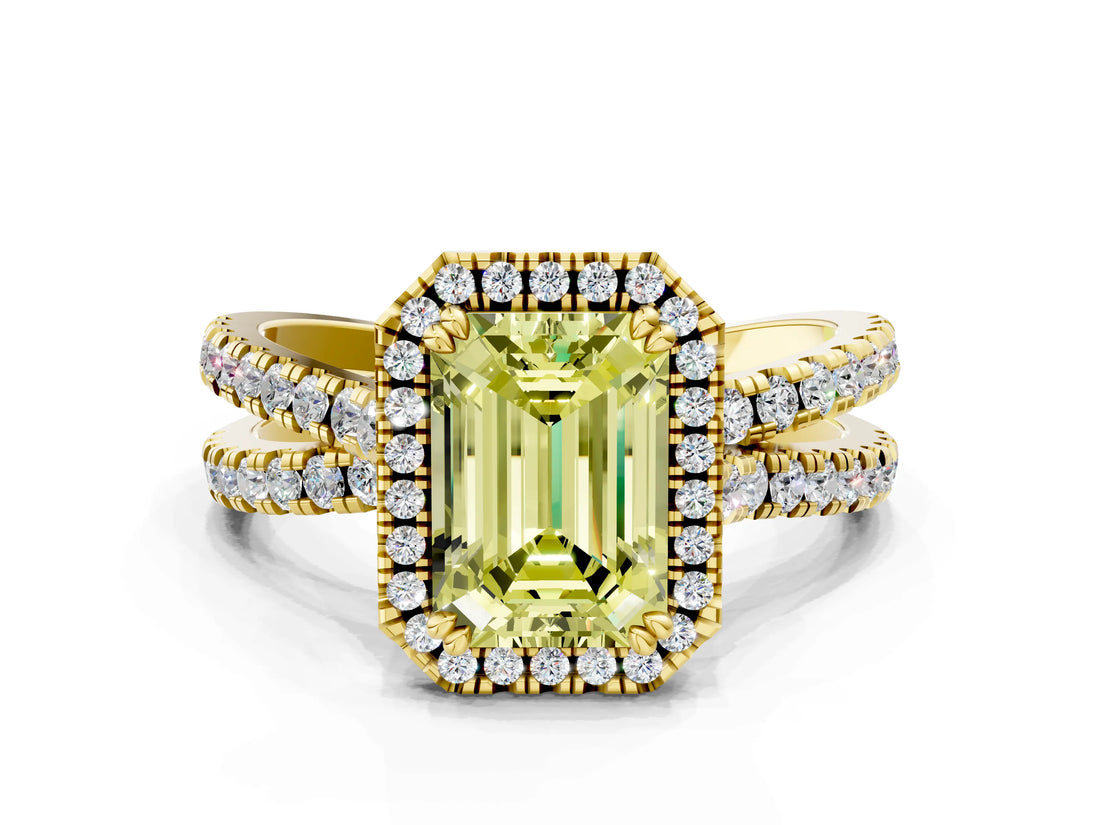 Yellow gold Fancy Yellow Emerald  Halo Split Shank Diamond Ring with Pavé Setting_25