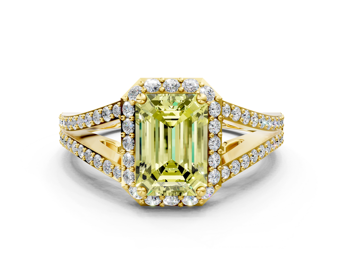Yellow gold Fancy Yellow Emerald  Halo Split Shank Diamond Ring with Prong Setting_20
