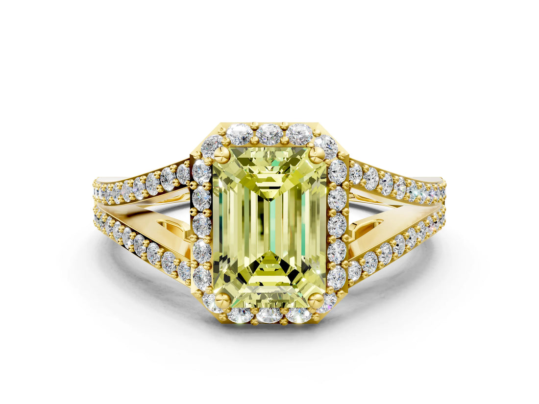 Yellow gold Fancy Yellow Emerald  Halo Split Shank Pave Diamond Ring with Four-Prong Setting_49