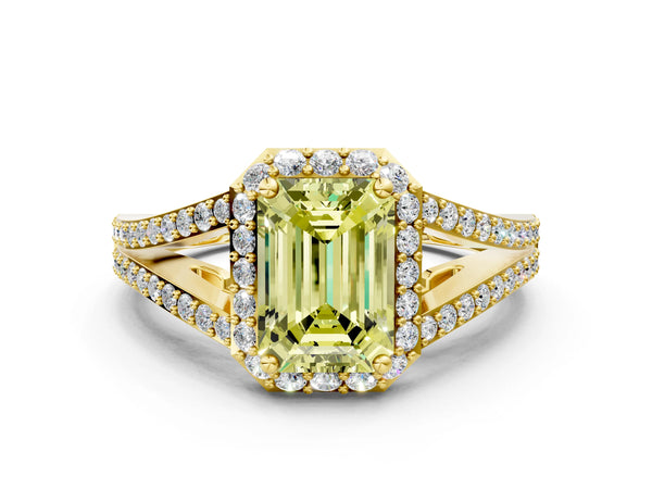 Yellow gold Fancy Yellow Emerald  Halo Split Shank Pave Diamond Ring with Four-Prong Setting
