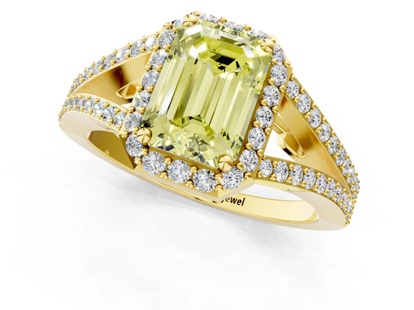 Yellow gold Fancy Yellow Emerald  Halo Split Shank Pave Diamond Ring with Four-Prong Setting