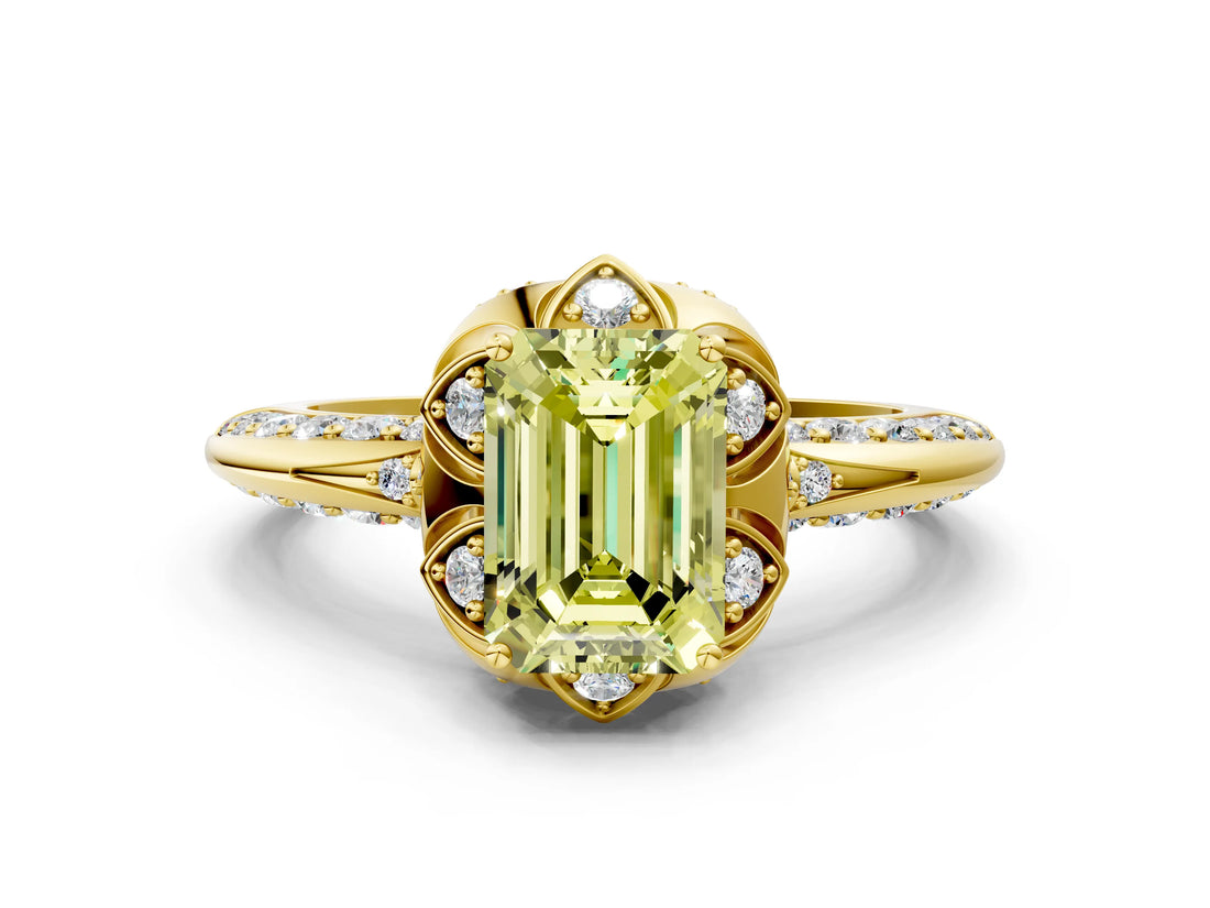 Yellow gold Fancy Yellow Emerald  Halo Split Shank Pave Diamond Ring with Petal Prong Setting_20