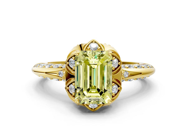 Yellow gold Fancy Yellow Emerald  Halo Split Shank Pave Diamond Ring with Petal Prong Setting