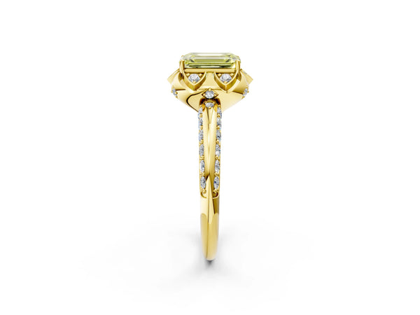 Yellow gold Fancy Yellow Emerald  Halo Split Shank Pave Diamond Ring with Petal Prong Setting