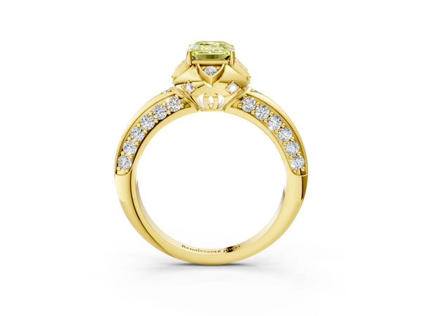 Yellow gold Fancy Yellow Emerald  Halo Split Shank Pave Diamond Ring with Petal Prong Setting