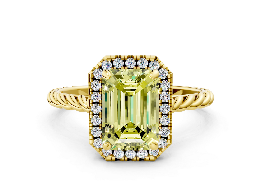 Yellow gold Fancy Yellow Emerald  Halo Twisted Band Four-Prong Diamond Ring_20