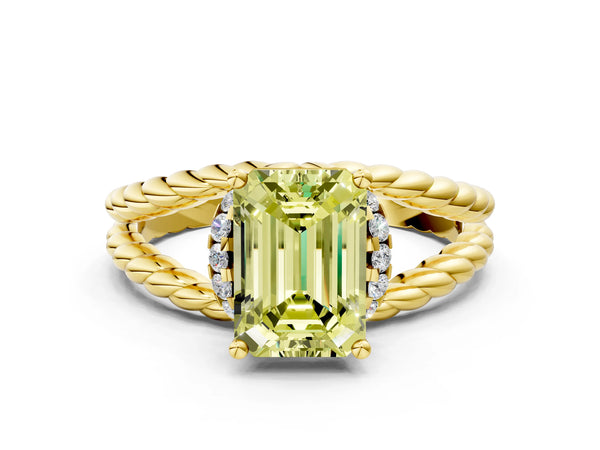 Yellow gold Fancy Yellow Emerald  Halo Twisted Band Four-Prong Ring