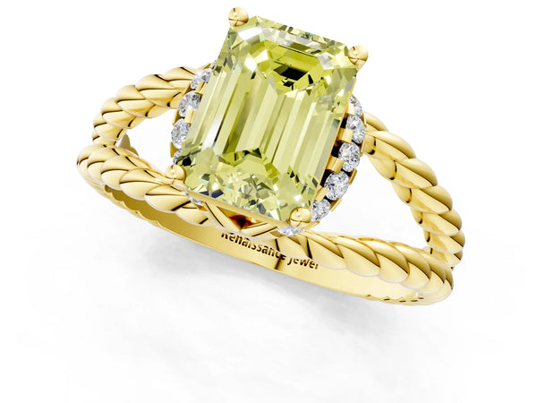 Yellow gold Fancy Yellow Emerald  Halo Twisted Band Four-Prong Ring
