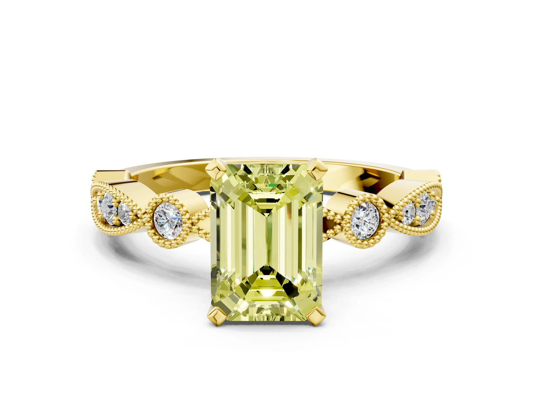 Yellow gold Fancy Yellow Emerald  Milgrain Bezel Diamond Engagement Ring with Solitaire Prong Setting_172