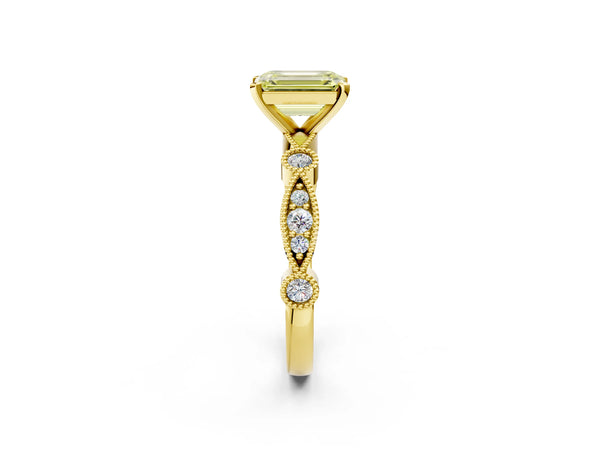 Yellow Gold Emerald Cut Milgrain Bezel Engagement Ring Setting for Fancy Yellow Center