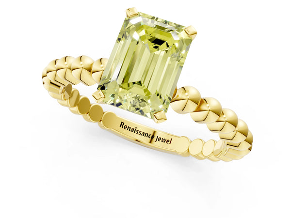 Yellow gold Fancy Yellow Emerald Cut Diamond Solitaire Ring with Beaded Band and Prong Setting