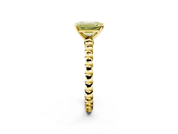 Yellow gold Fancy Yellow Emerald Cut Diamond Solitaire Ring with Beaded Band and Prong Setting