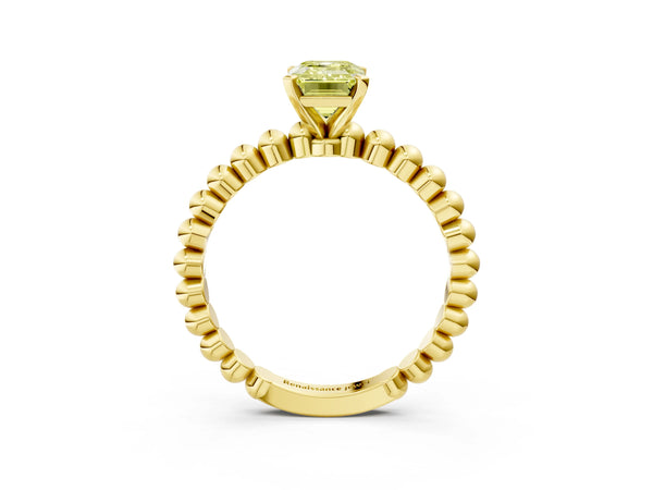Yellow gold Fancy Yellow Emerald Cut Diamond Solitaire Ring with Beaded Band and Prong Setting