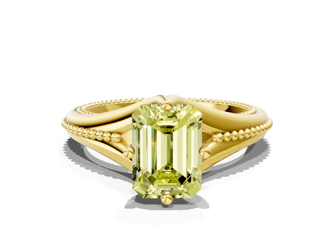 Yellow gold Fancy Yellow Emerald  Solitaire Beaded Band Six-Prong Setting