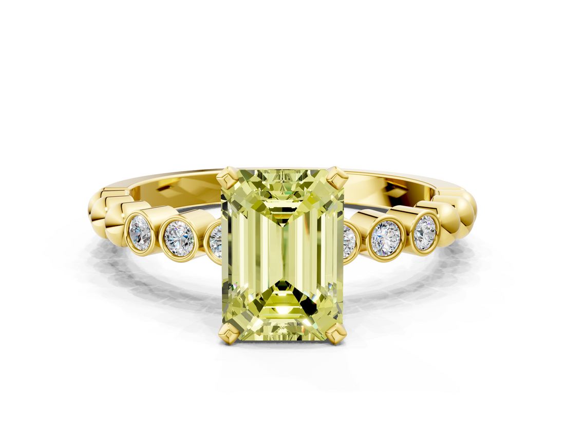 Yellow gold Fancy Yellow Emerald  Solitaire Bezel Accent Diamond Engagement Ring with Beaded Band and Four-Prong Setting_40