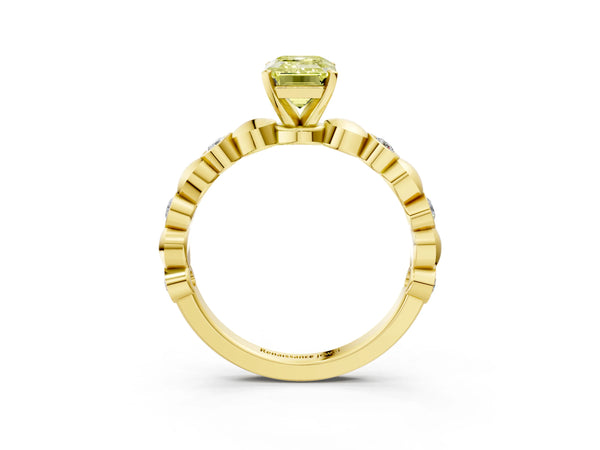 Yellow Gold Emerald Cut Engagement Ring Setting for Fancy Yellow Center with Bezel Stations