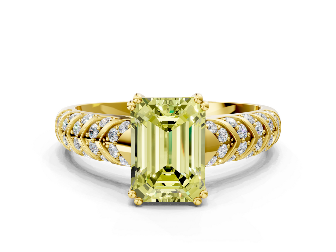 Yellow gold Fancy Yellow Emerald  Solitaire Chevron Pave Diamond Engagement Ring with Six-Prong Setting_3