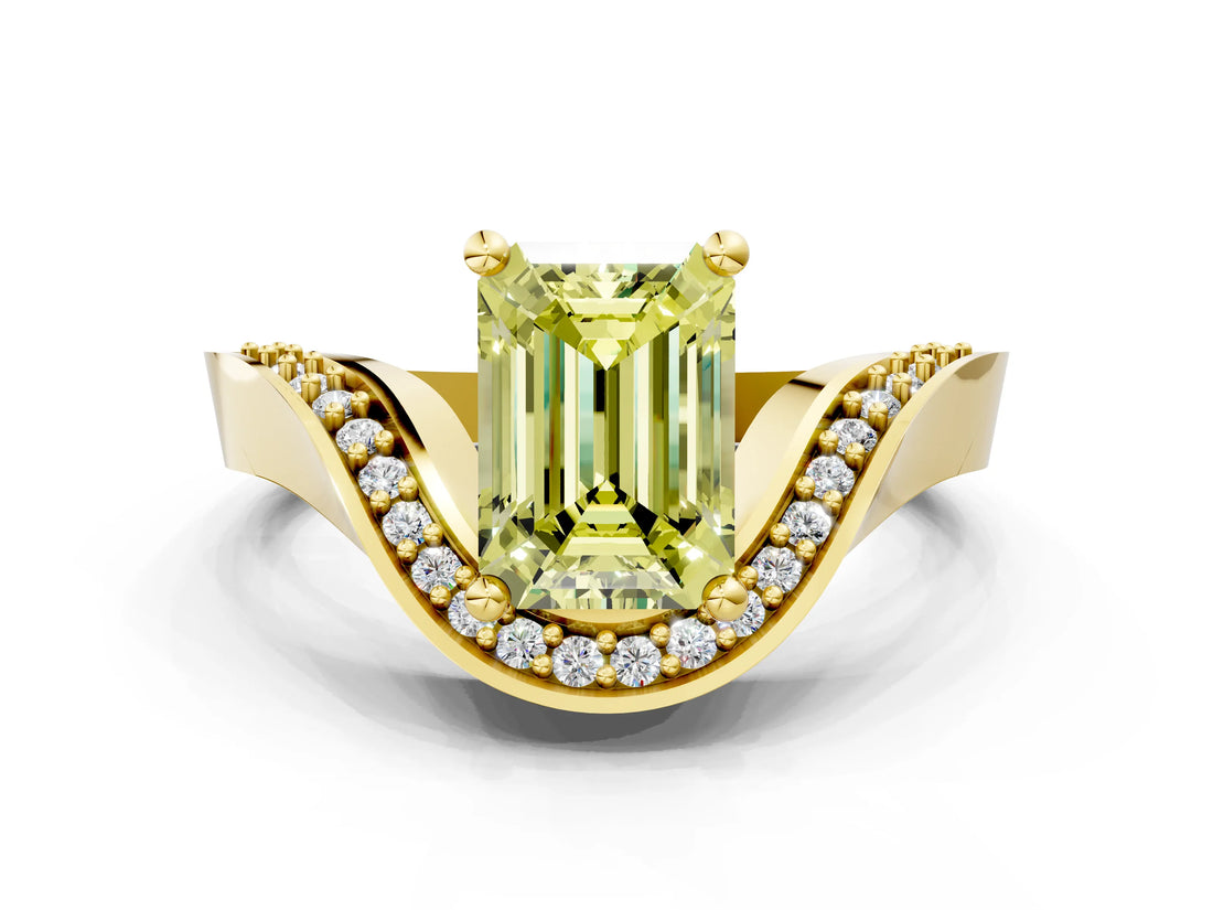 Yellow gold Fancy Yellow Emerald  Solitaire Diamond Engagement Ring with Pave Band and Four-Prong Setting 1