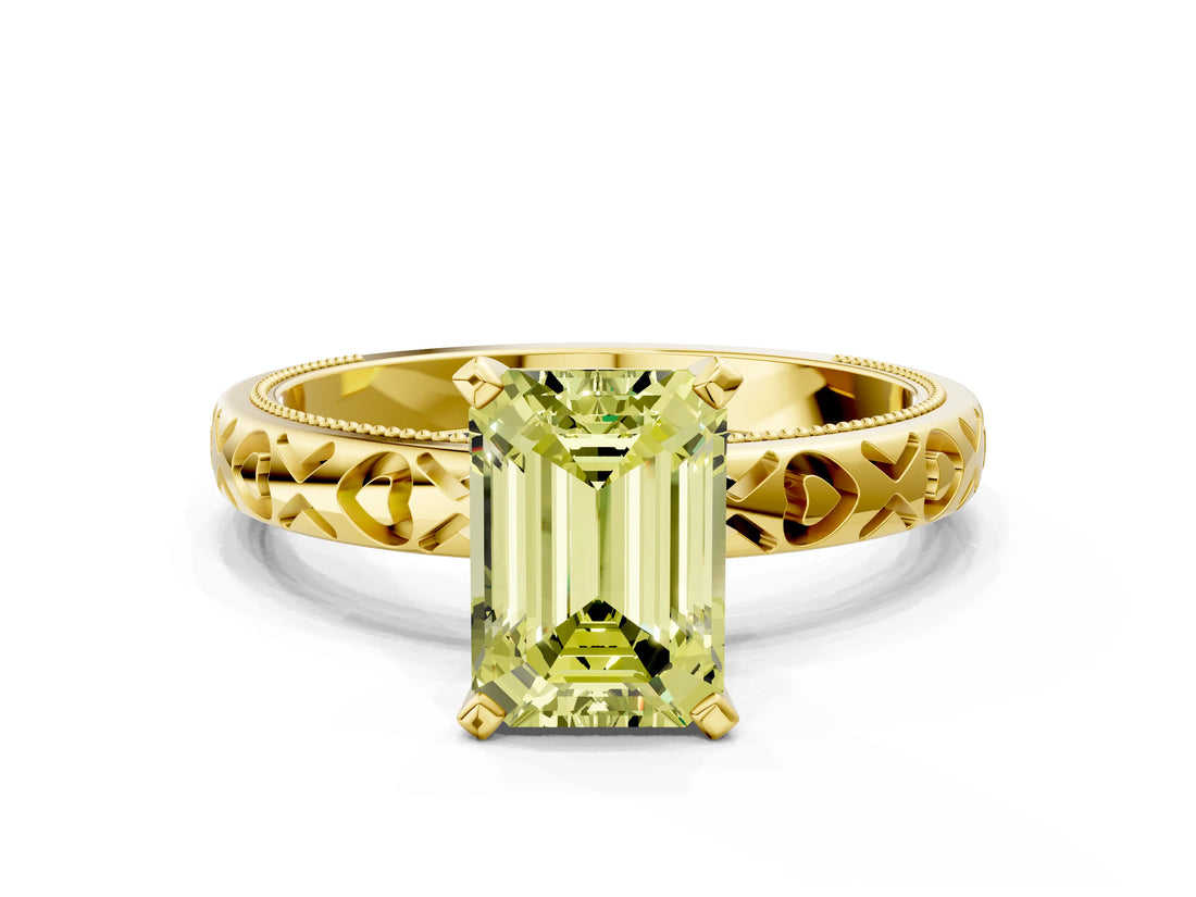 Yellow gold Fancy Yellow Emerald  Solitaire Diamond Engagement Ring with XO Engraved Band and Four-Prong Setting 1