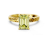 Yellow gold Fancy Yellow Emerald  Solitaire Diamond Engagement Ring with XO Engraved Band and Four-Prong Setting 1