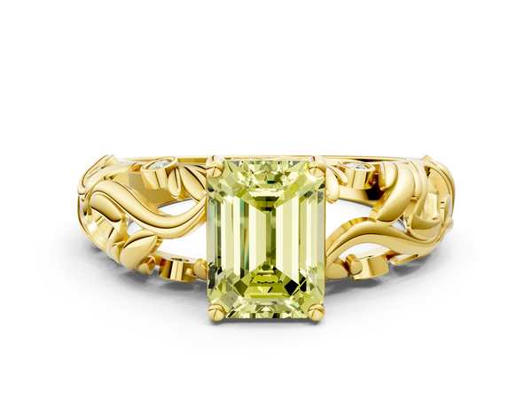 Yellow gold Fancy Yellow Emerald Cut Solitaire Diamond Leaf-Inspired Vine Band Ring with Prong Setting