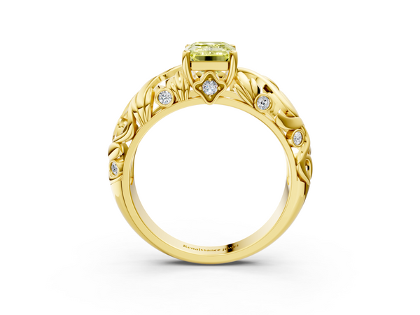 Yellow gold Fancy Yellow Emerald Cut Solitaire Diamond Leaf-Inspired Vine Band Ring with Prong Setting