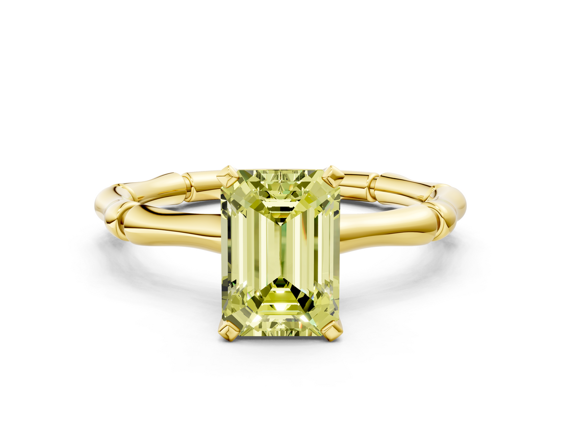 Yellow gold Fancy Yellow Emerald  Solitaire Diamond Ring with Bamboo Band and Four-Prong Setting_57