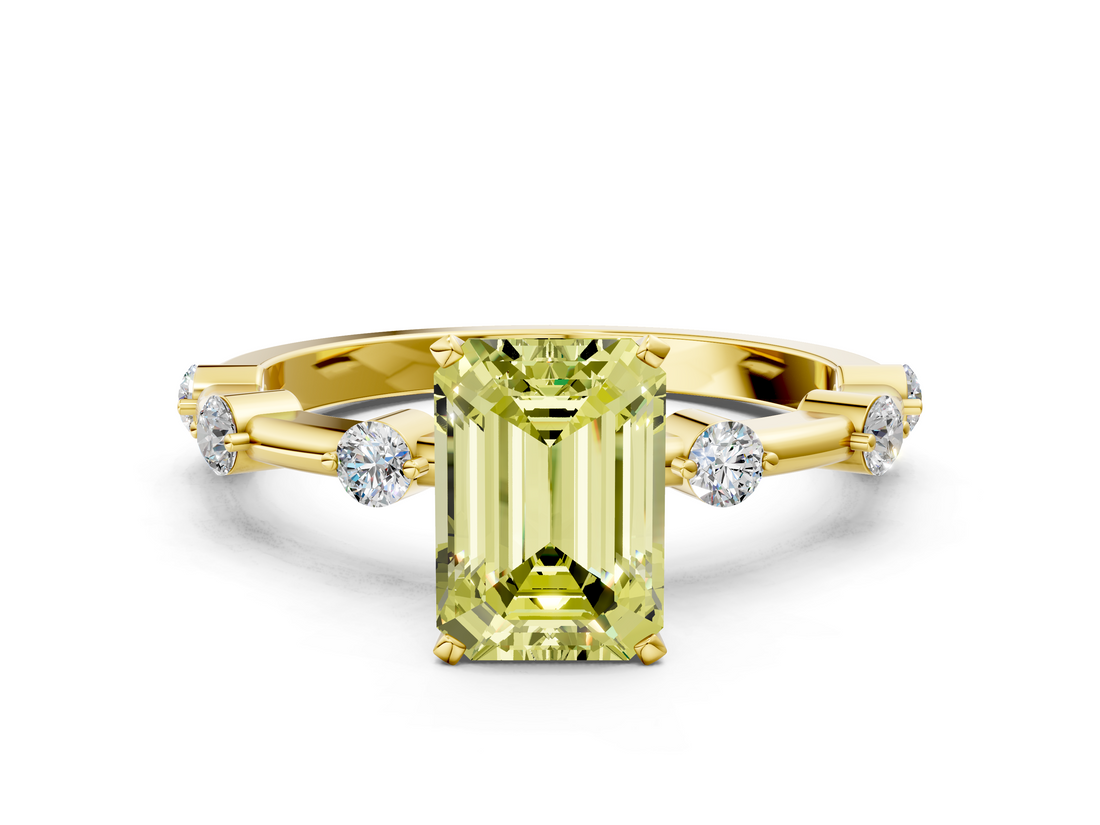 Yellow gold Fancy Yellow Emerald  Solitaire Diamond Ring with Bezel Set Side Stones and Prong Setting_3