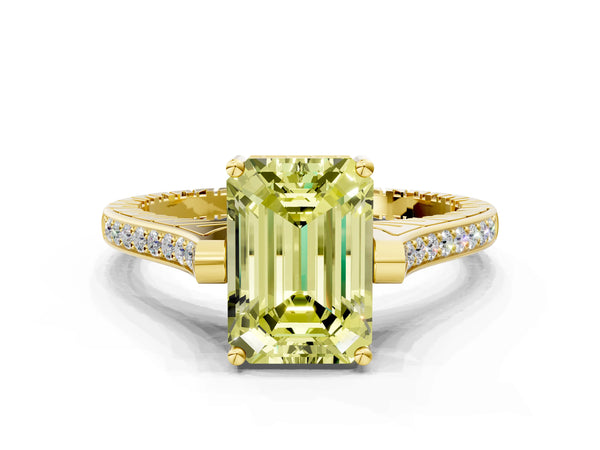 Yellow gold Fancy Yellow Emerald  Solitaire Diamond Ring with Channel Set Band and Bezel Prong Setting