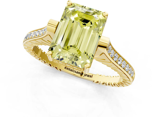 Yellow gold Fancy Yellow Emerald  Solitaire Diamond Ring with Channel Set Band and Bezel Prong Setting