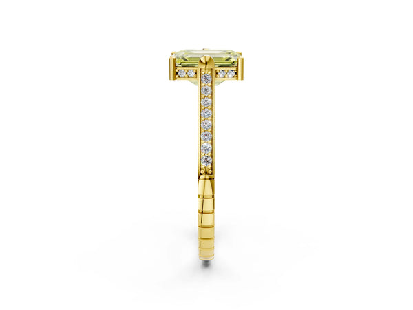Yellow gold Fancy Yellow Emerald  Solitaire Diamond Ring with Channel Set Band and Bezel Prong Setting