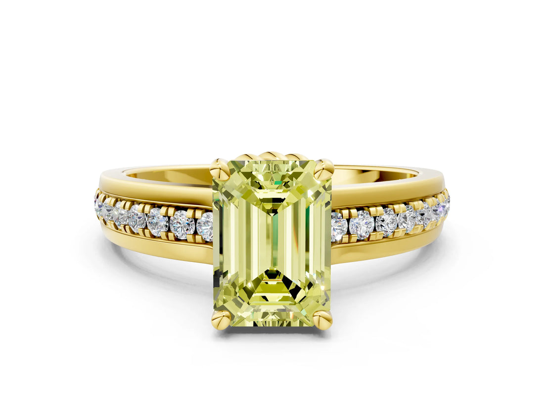 Yellow gold Fancy Yellow Emerald  Solitaire Diamond Ring with Channel Set Band and Six-Prong Setting_48