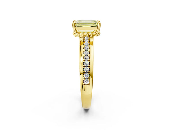 Yellow gold Fancy Yellow Emerald  Solitaire Diamond Ring with Channel Set Band and Six-Prong Setting