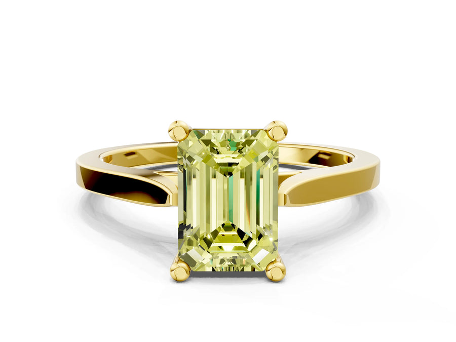 Yellow gold Fancy Yellow Emerald  Solitaire Diamond Ring with Four-Prong Setting and Tapered Band
