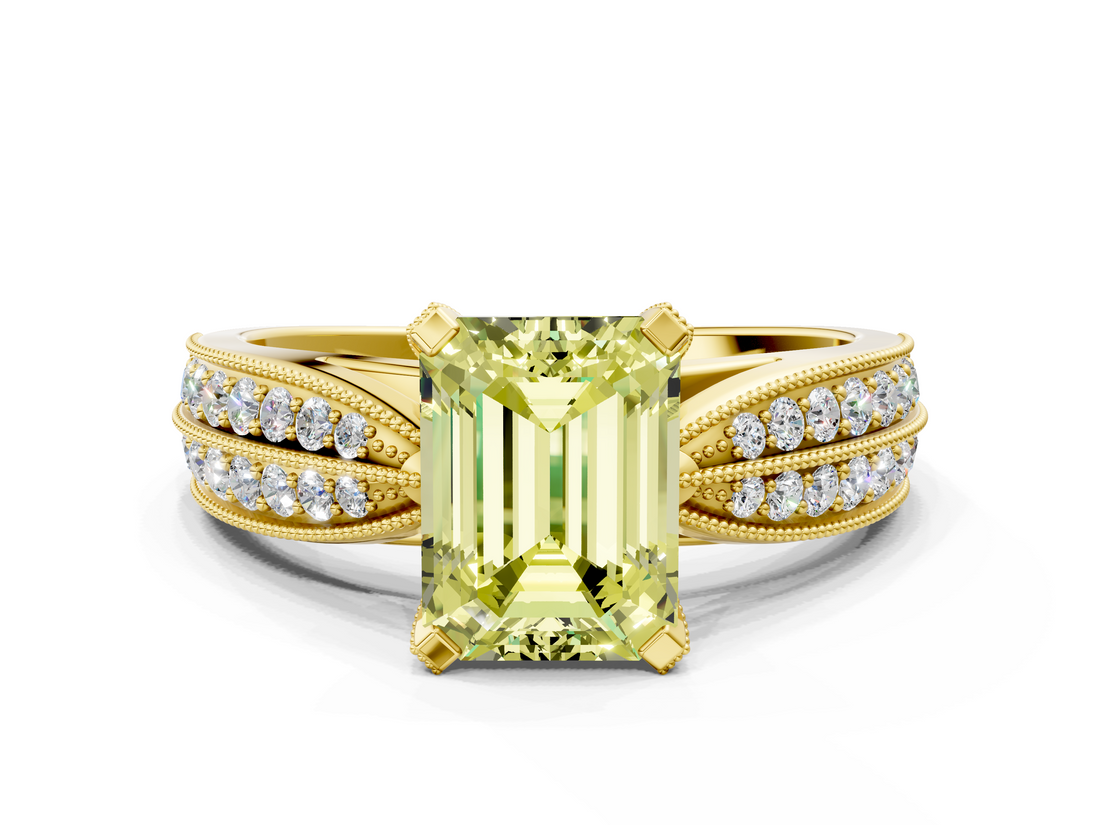 Yellow gold Fancy Yellow Emerald  Solitaire Diamond Ring with Milgrain Pavé Band and Four-Prong Setting_38