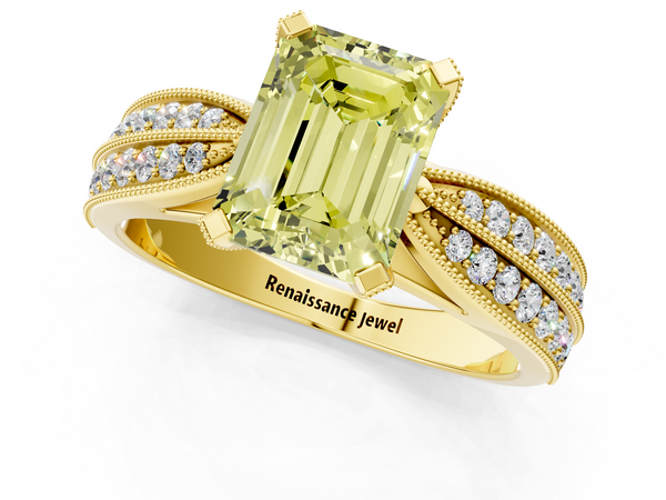 Yellow gold Fancy Yellow Emerald  Solitaire Diamond Ring with Milgrain Pavé Band and Four-Prong Setting